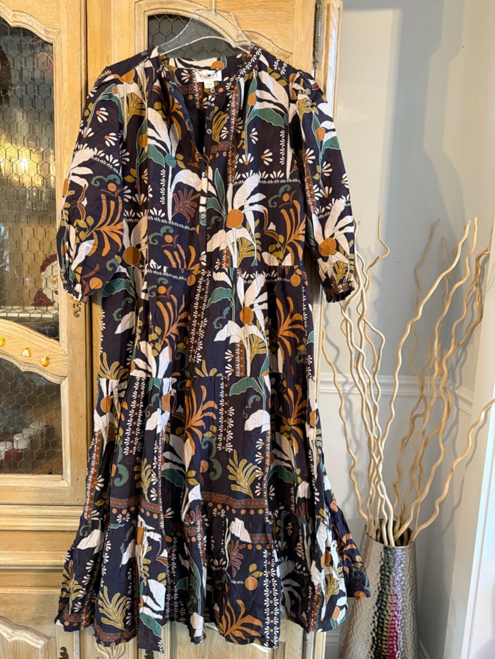 Velvet Cotton Boho Floral Tiered Midi Dress - Navy, Green & Mustard